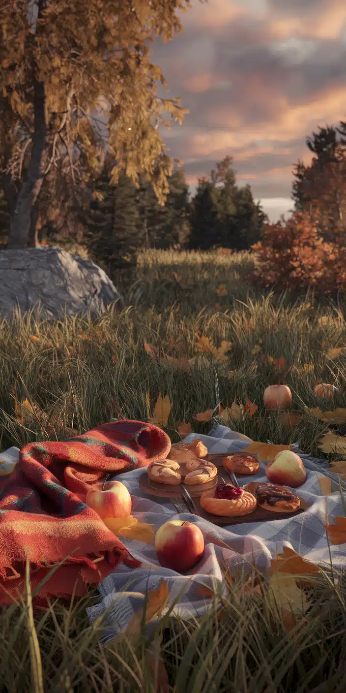 Set in a dreamy autumn meadow, this wallpaper showcases a cozy picnic scene with a checkered blanket, pastries, apples, and golden sunset skies. The tall grass is sprinkled with orange leaves, and the whole scene glows with a warm seasonal palette. It’s an ideal November Wallpaper Backgrounds option for those who love nature, peace, and autumn snacks. A delightful choice for iPhone users who want to bring the countryside fall feeling to their screens.