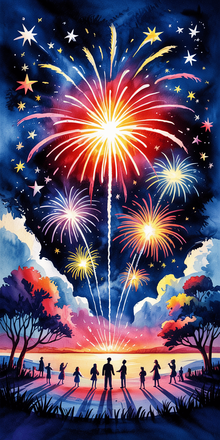 This watercolor-style illustration shows a family watching fireworks over a sunset beach, surrounded by colorful trees and a glowing sky. With deep blues, reds, and yellows, it’s a touching and festive 4th of July wallpaper iPhone option. Great for those who love warm, emotional scenes and fireworks wallpaper during the summer season.