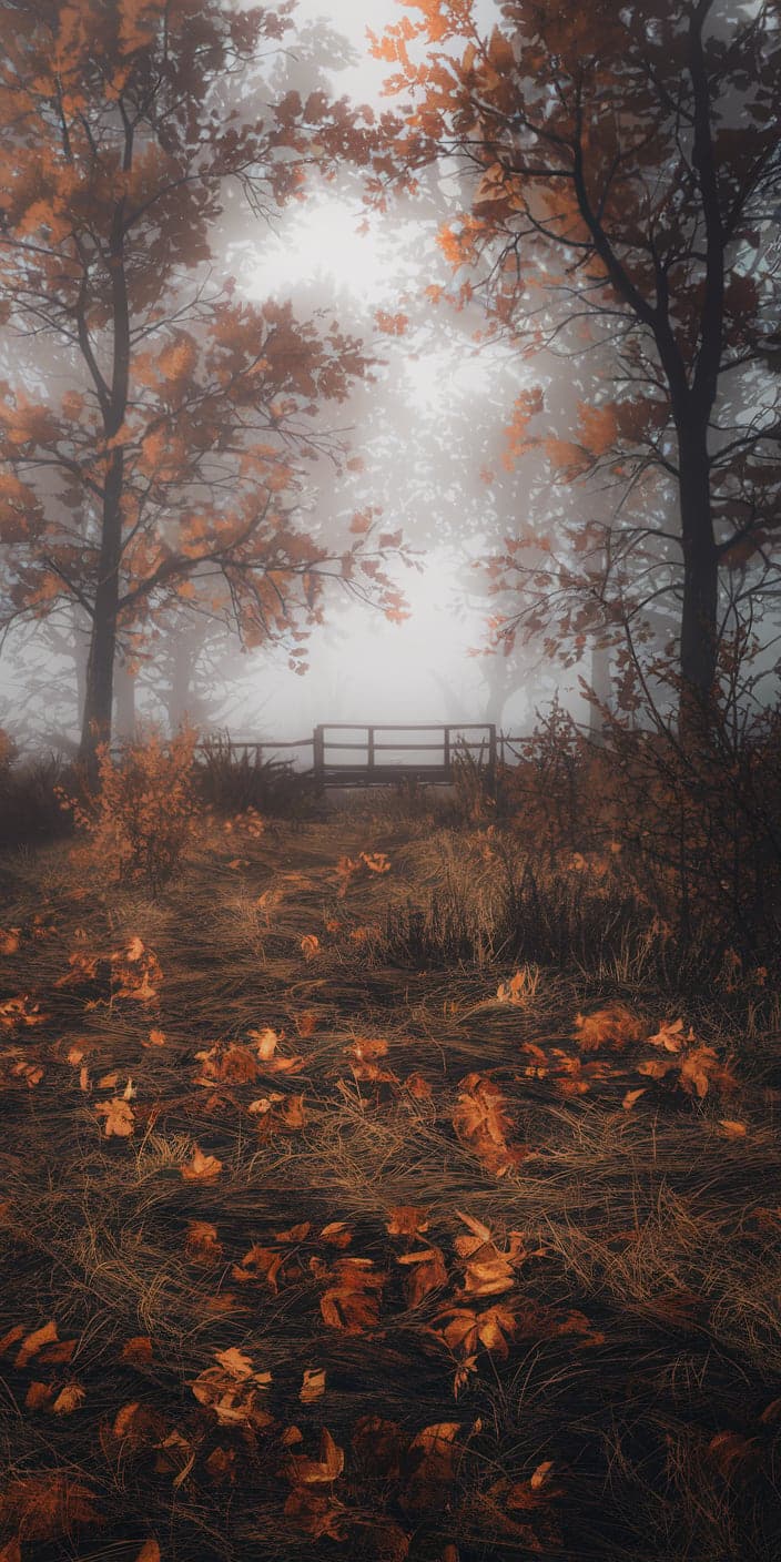 A rustic path lined with fallen leaves leads to a simple wooden bridge, framed by tall trees glowing with amber and gold. Mist curls through the scene, adding a cozy, peaceful mood. This image is a wonderful Autumn Wallpaper Hd for fans of quiet nature scenes and fall transitions. It’s a dreamy option for your November Wallpaper or Seasons Aesthetic collection.