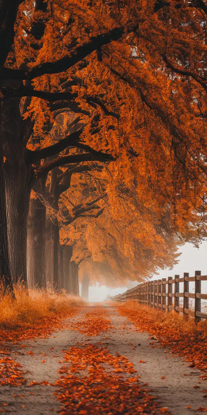 A serene country road curves under dense golden-orange trees in full autumn bloom, with fog rolling in from the distance. This vibrant scene is a top pick for anyone searching for a peaceful yet bold Fall Background. The brilliant orange foliage and soft mist create a cozy, cinematic November Wallpaper Backgrounds experience.