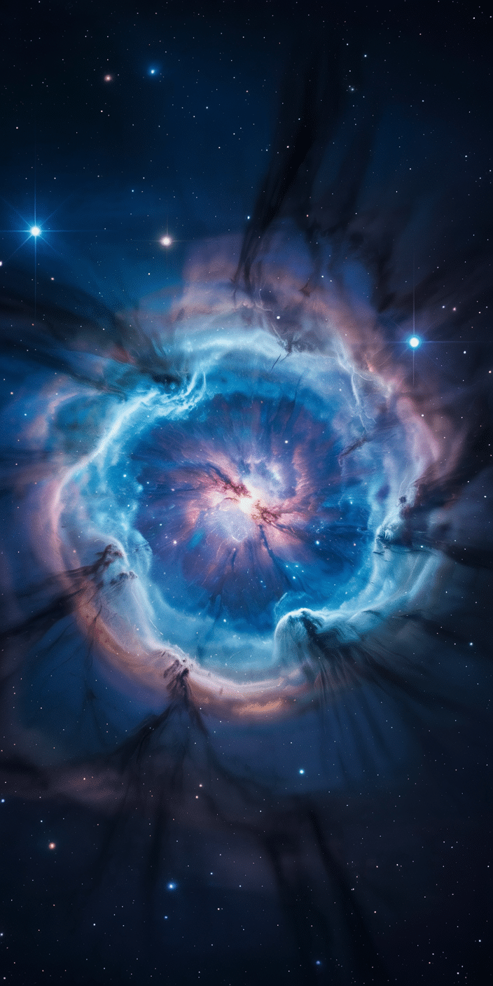 A radiant burst of cosmic light erupts from the center of a galactic formation in this stunning wallpaper. Surrounded by icy blue gas clouds and pinpoint stars, this composition delivers a magical mix of mystery and light. This wallpaper is ideal for fans of space phone backgrounds and the clouds and stars aesthetic.