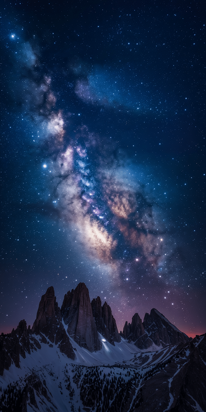 A breathtaking scene of snowy mountains beneath a glowing ribbon of the Milky Way. With a sharp mountain ridge leading the eye upward into the starlit sky, this wallpaper perfectly captures the wonder of the universe. Ideal for those who appreciate space phone backgrounds and night sky wallpaper aesthetic, this is a must for astronomy and nature lovers.