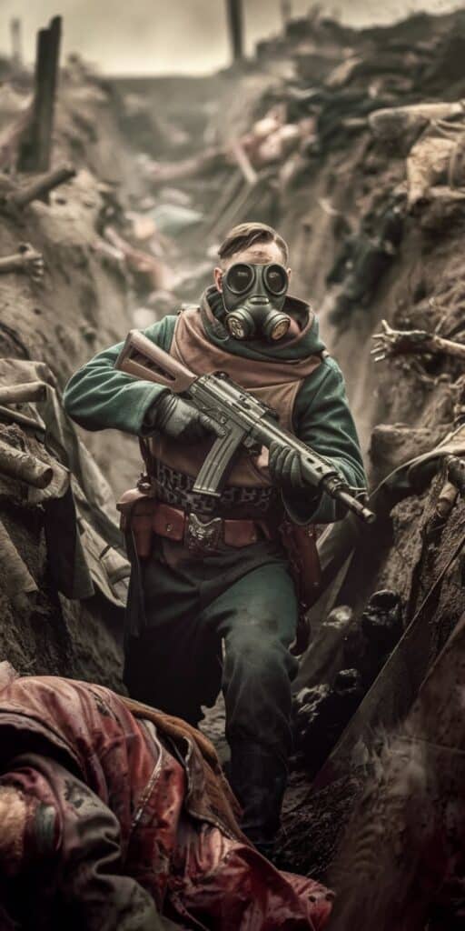 A gritty and dramatic photo of a lone soldier navigating a trench while wearing a gas mask and holding a rifle, set in a battlefield strewn with chaos and debris. The muted green and brown tones heighten the intensity and raw emotion of the moment, making it an excellent Military Wallpaper and Phone Wallpaper For Men. This design appeals to those who appreciate military history, realism, and dark aesthetics on their iPhone or Samsung device.
