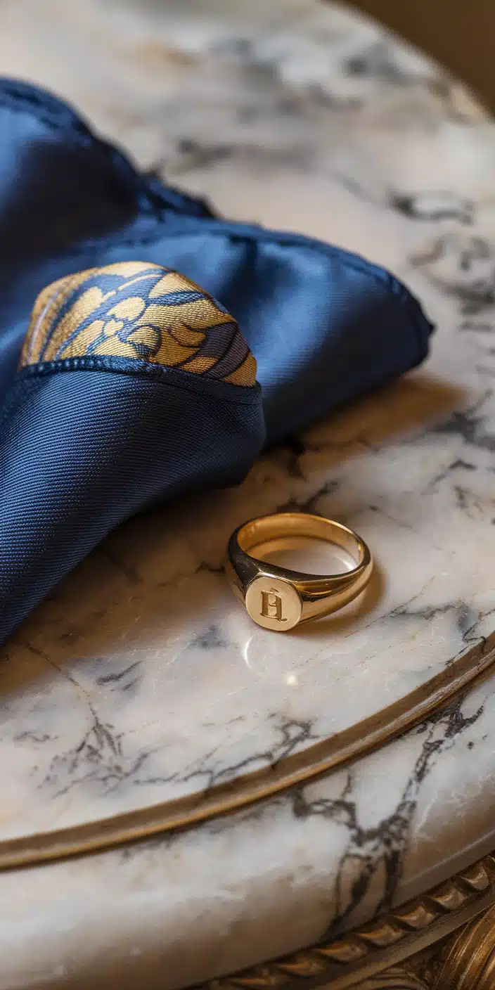 A luxurious Old Money Aesthetic wallpaper featuring a gold signet ring resting on a polished marble table beside a folded silk pocket square. The intricate monogram engraving and soft lighting make this an ideal Old Money iPhone Wallpaper for those who appreciate classic elegance and heritage.