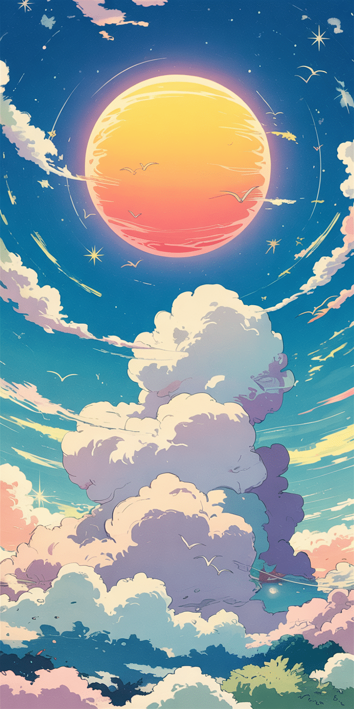 An anime-inspired wallpaper with a radiant golden sun floating in a whimsical sky, surrounded by soft pastel clouds and dreamy flying birds. The scene evokes wonder and nostalgia, ideal for fans of sky aesthetic and background clouds. With a touch of fantasy and warmth, it's a gentle escape for your iPhone or Samsung device.