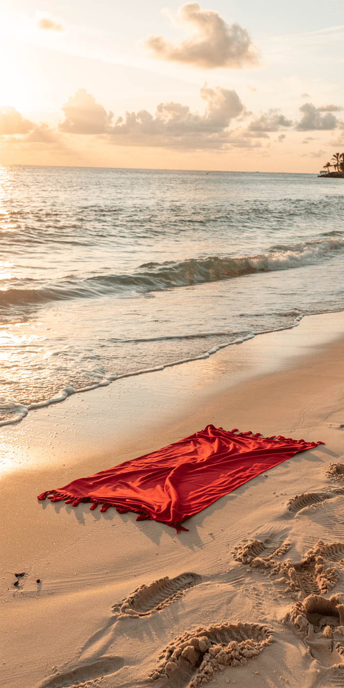A vibrant red towel rests on warm sand during a golden beach sunset, glowing with soft orange light. The peaceful waves and dreamy sky make this a gorgeous 4th of July wallpaper aesthetic and a warm addition to your summer collection. Perfect for users looking for a gentle, coastal monthly wallpaper.