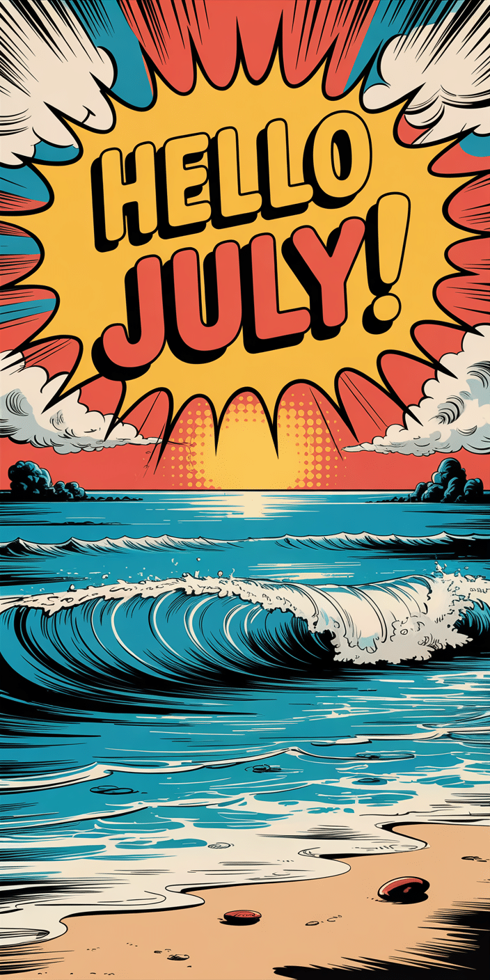 A playful comic-style ocean scene with bold waves and a dramatic sky bursts to life with the words "Hello July!" in retro lettering. This bright and bold 4th of July wallpaper combines vintage aesthetics with beachy vibes, ideal for making a vibrant statement on your lock screen. It’s perfect for iPhone users looking for a patriotic wallpaper that’s also fun and colorful.