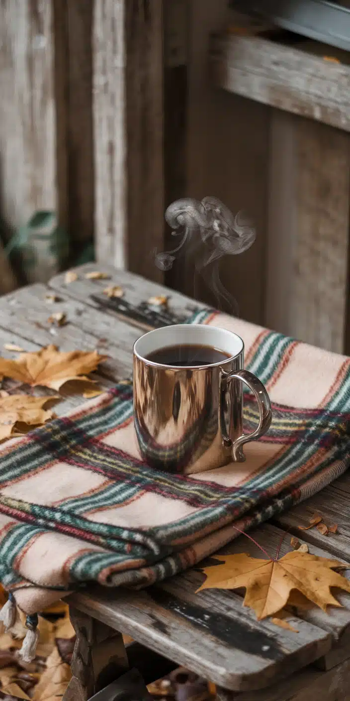This cozy wallpaper features a steaming cup of coffee resting on a flannel blanket, surrounded by fallen maple leaves on a rustic wooden table. The earthy tones and soft lighting create a warm and relaxing vibe perfect for fall. A must-have Cozy Fall Aesthetic Wallpaper for iPhone users who love coffee, comfort, and seasonal simplicity. It also fits beautifully in any November Wallpaper Backgrounds lineup.