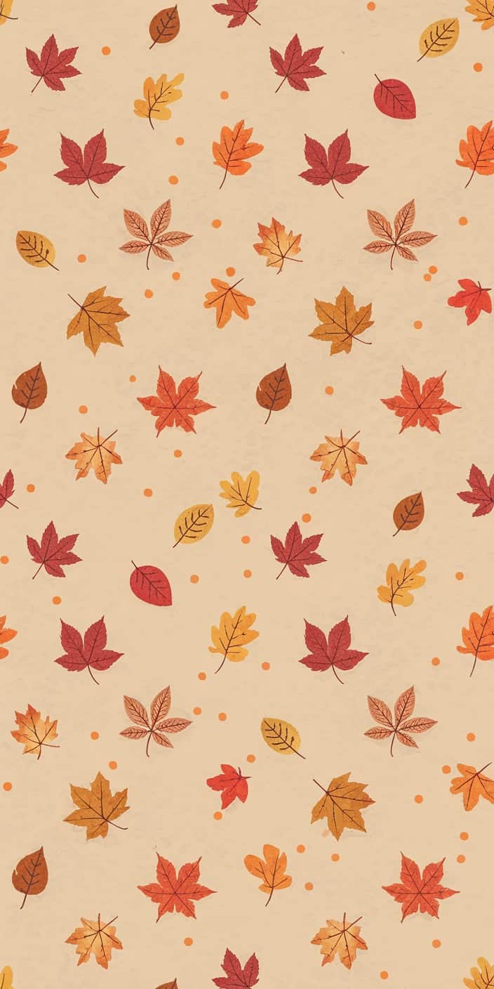 A playful and modern illustrated pattern of maple, oak, and birch leaves in red, orange, and yellow scattered across a beige background. This artistic design is ideal for a cute, clean Fall Aesthetic on iPhones. It also doubles as a vibrant November Wallpaper Background, thanks to its soft palette and seasonal charm.