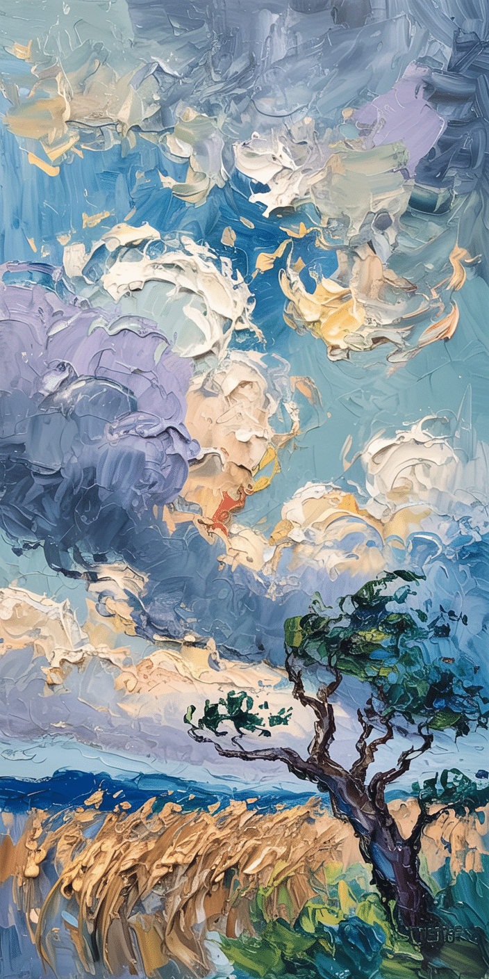 This expressive oil painting-style wallpaper features swirling clouds over golden wheat fields and a solitary tree blowing in the wind. The thick brushstrokes and vibrant color palette give it a Van Gogh-inspired energy. Perfect for fans of sky wallpaper and clouds wallpaper, this richly textured scene brings movement and mood to your device. A must-have for art lovers and dreamers alike.
