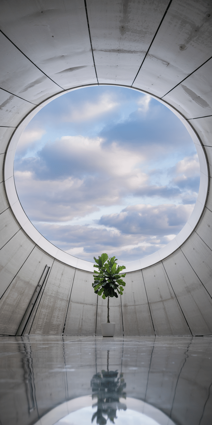 This modern and minimalist wallpaper captures a single potted tree centered beneath a massive circular skylight, framing a peaceful, cloud-filled sky. The sleek concrete structure and soft blue hues evoke calm and balance. A unique blend of architecture and nature, this is ideal for fans of sky aesthetic and background clouds, making it a stylish and serene choice for iPhone or Samsung backgrounds.