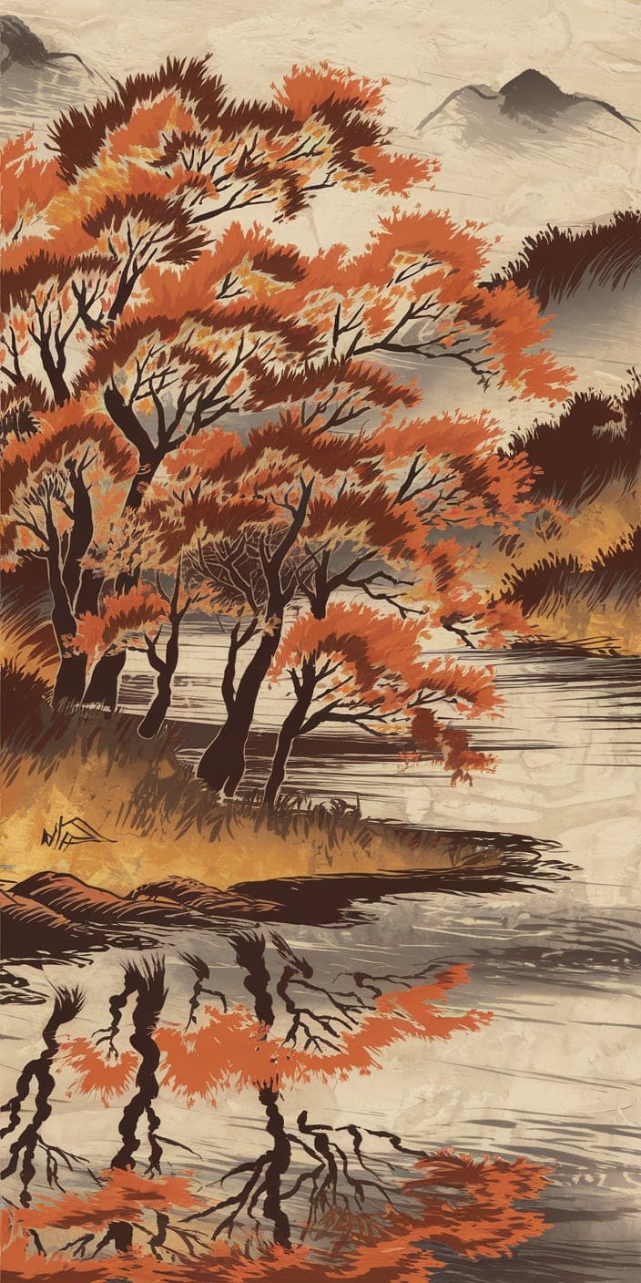 This stunning Japanese-inspired artwork features vivid orange and red autumn trees mirrored in a calm, rippling river. The traditional brushwork style and textured paper backdrop add a timeless elegance to this Autumn Wallpaper. A beautiful choice for lovers of nature and classic artistry, it's perfect as a high-resolution Autumn Wallpaper Hd for iPhone users. Let this scenic riverside moment bring seasonal warmth and reflection to your screen.