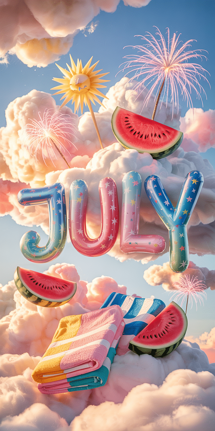 A whimsical blend of puffy clouds, floating watermelon slices, glittering fireworks, and shiny “JULY” balloons creates a dreamy and playful scene. Bursting with soft pinks, blues, and sunny elements, this image is an ideal cute July wallpaper for fans of fun, fantasy-inspired designs. It’s the perfect blend of celebration and sweetness, ideal for your July wallpaper iPhone.