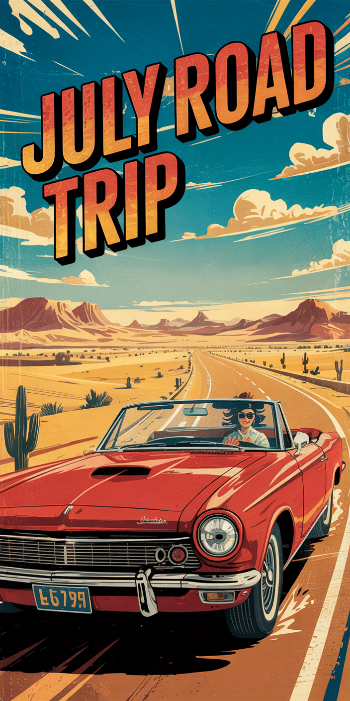 A bold red convertible speeds down an open desert highway beneath a blue sky in this graphic-style July road trip illustration. With large text that reads “July Road Trip,” this vibrant scene is ideal for celebrating travel season. The warm tones and classic summer energy make this a standout July wallpaper aesthetic and an adventurous monthly wallpaper choice.