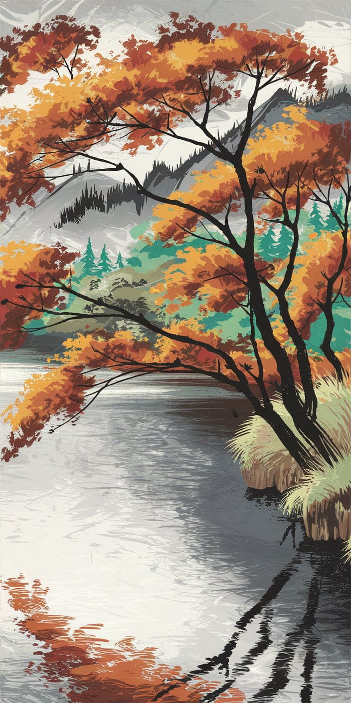 This scenic digital painting depicts fiery orange autumn trees arching over a calm lake with soft ripples and mirrored reflections. Pine trees and soft mountains fade into the background, creating a peaceful depth. This is a gorgeous November Wallpaper Backgrounds choice for iPhone users who appreciate natural beauty and tranquility. It perfectly blends Fall Aesthetics with a serene lakeside setting.