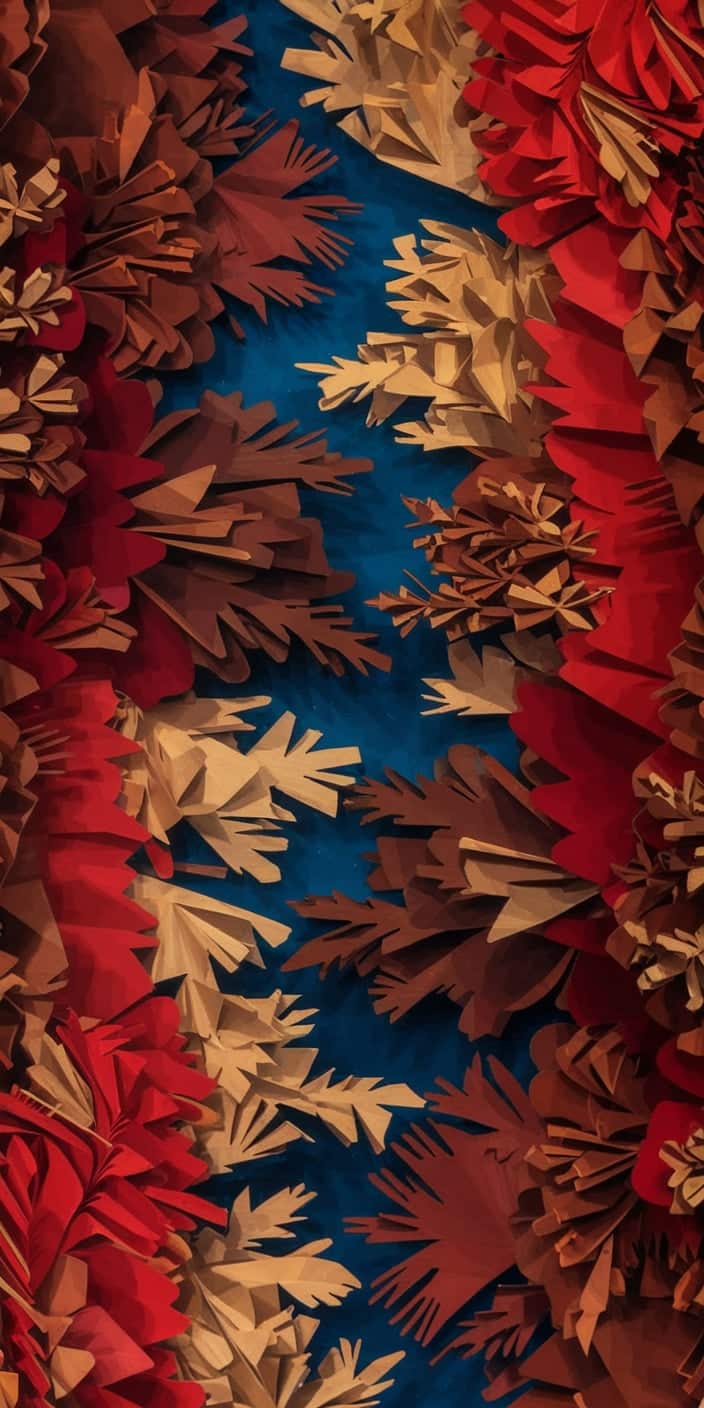 This intricate wallpaper showcases a collage of red, gold, and brown autumn leaves crafted in paper style against a deep blue background. The contrast of warm foliage and cool tones adds visual depth, making it a stylish and artistic Fall Background option. Great for iPhone users who want a textured, unique, and color-rich Fall Backgrounds Iphone.