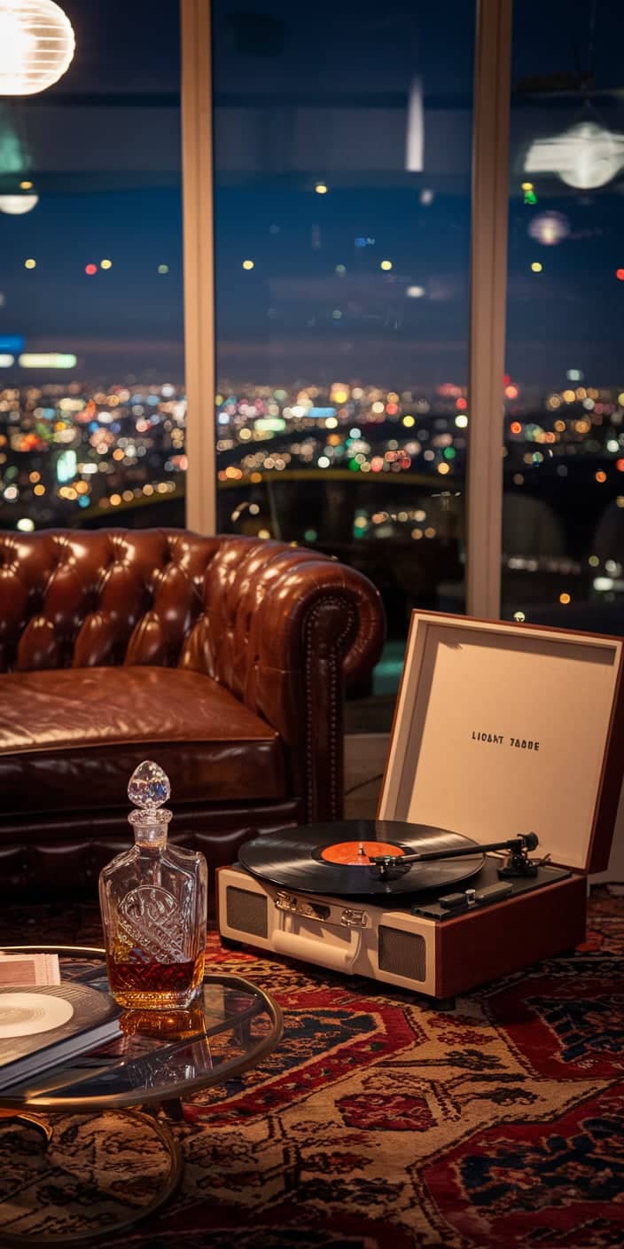 This Old Money Aesthetic wallpaper features a luxurious setting with a vintage record player, crystal-cut whiskey decanter, and a tufted leather sofa bathed in the glow of city lights. The warm, nostalgic ambiance makes it a perfect Old Money Phone Wallpaper for those who love timeless elegance and refined interiors.
