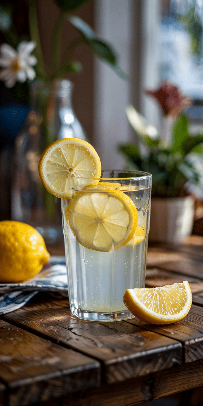 A close-up of a glass of fresh lemon water, packed with vibrant slices and resting on a rustic wooden table, brings a burst of citrus freshness to this peaceful scene. This is the perfect simple phone wallpaper for summer, offering a chill yet vibrant design. Add it to your July phone backgrounds to keep things light and refreshing.