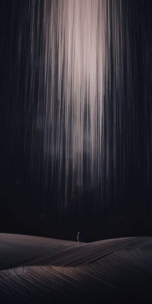 A surreal scene of a lone man standing on a textured dark landscape as glowing vertical light beams rain down from the sky. This futuristic and awe-inspiring image is a standout Lock Screen Wallpaper or Black Aesthetic Wallpaper with a cosmic twist. It’s ideal for men seeking a mysterious and powerful vibe for their iPhone.