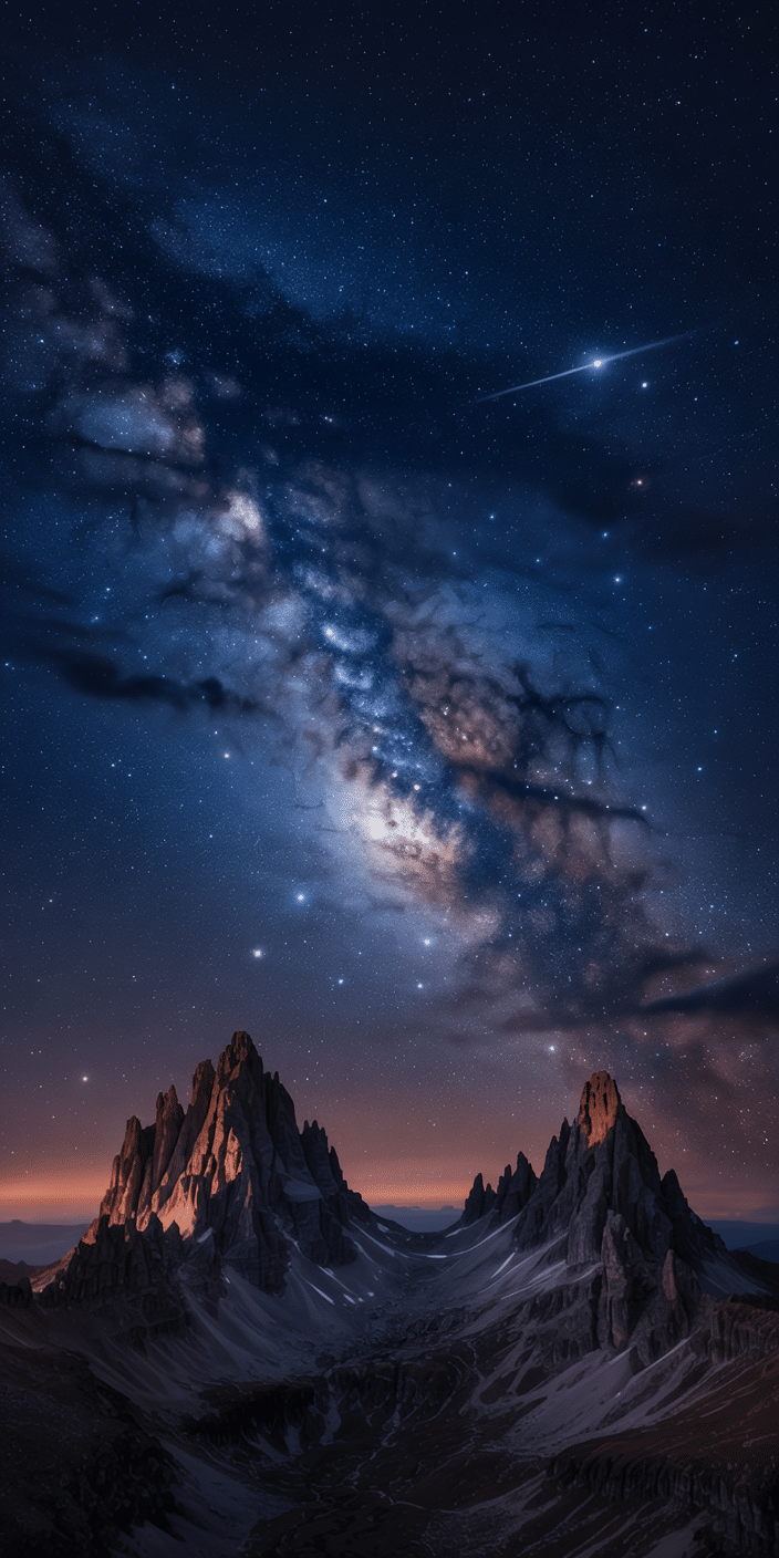 This stunning wallpaper showcases the Milky Way galaxy in exquisite detail above dramatic jagged mountain peaks. The stars glimmer across the sky in hues of indigo, violet, and soft gold, while the rock formations glow in the faint light of dusk. It’s an ideal background for lovers of night sky wallpaper aesthetic and space phone backgrounds, offering cosmic serenity for your device.