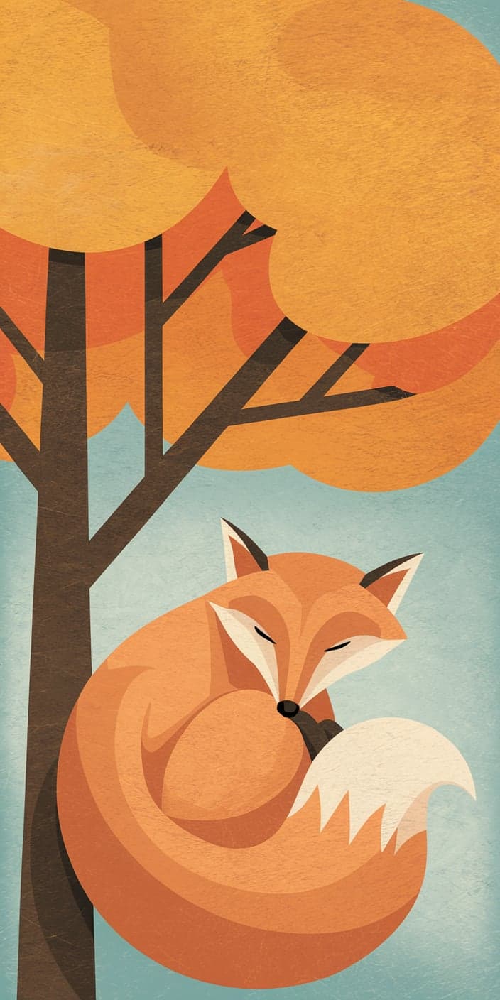 A cozy fox curls peacefully beneath a vibrant orange autumn tree in this minimalist, textured illustration. The soft blue sky background and clean geometric shapes make this an ideal Cute Home Screen Wallpaper. With its warm tones and simple charm, it fits perfectly within any Fall Aesthetics collection and brings a touch of calm to your iPhone screen.