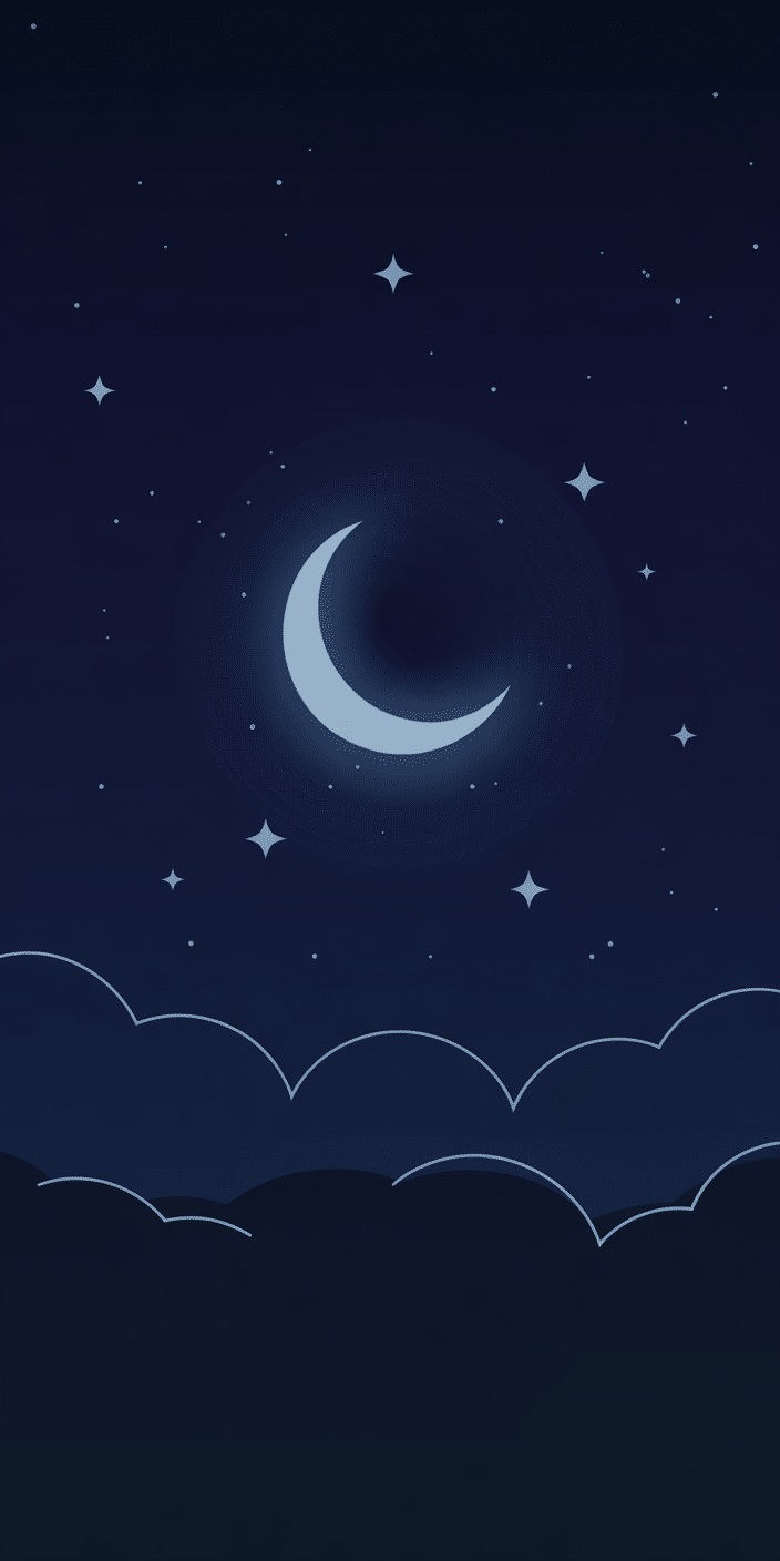 A clean and peaceful digital wallpaper featuring a crescent moon surrounded by soft stars and outlined cloud shapes. The dark blue palette and minimalist style make it a calming choice for evening vibes. This is an excellent option for those seeking night sky wallpaper aesthetic and clouds and stars.