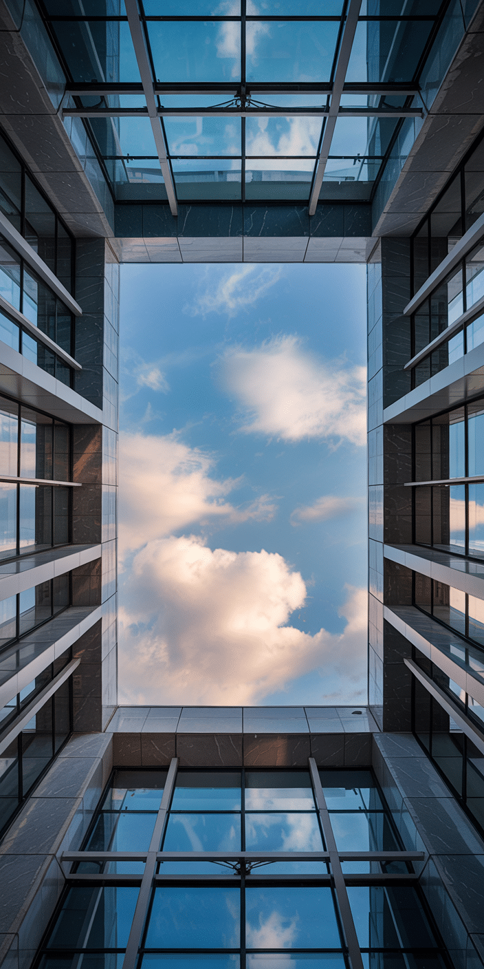 This crisp architectural wallpaper showcases a tall, glass-walled building with a perfect reflection of puffy white clouds and blue sky framed in the atrium. The clear symmetry and modern lines make this a standout for lovers of sky blue wallpaper and blue sky pictures. Sleek and urban with a touch of natural beauty, it’s a fresh phone background for design-minded users.