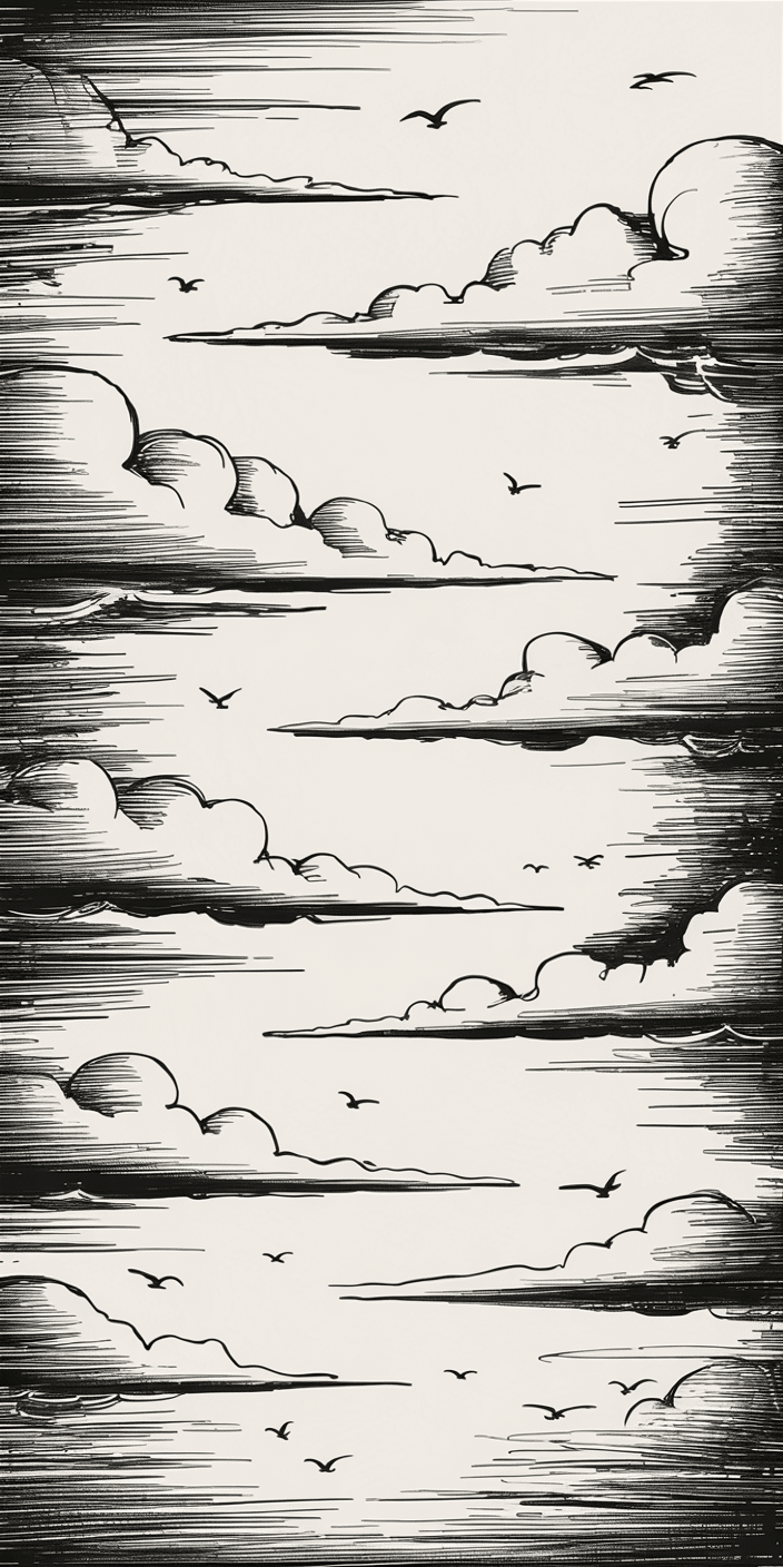 A minimalist black and white wallpaper featuring long streaks of clouds and birds in flight across a clear sky. This ink-style drawing offers a clean and elegant take on sky wallpaper and night sky wallpaper aesthetic with its linear forms and balanced composition. Great for users who appreciate monochrome art and want a modern, stylish phone background. Works beautifully on both iPhone and Samsung screens.