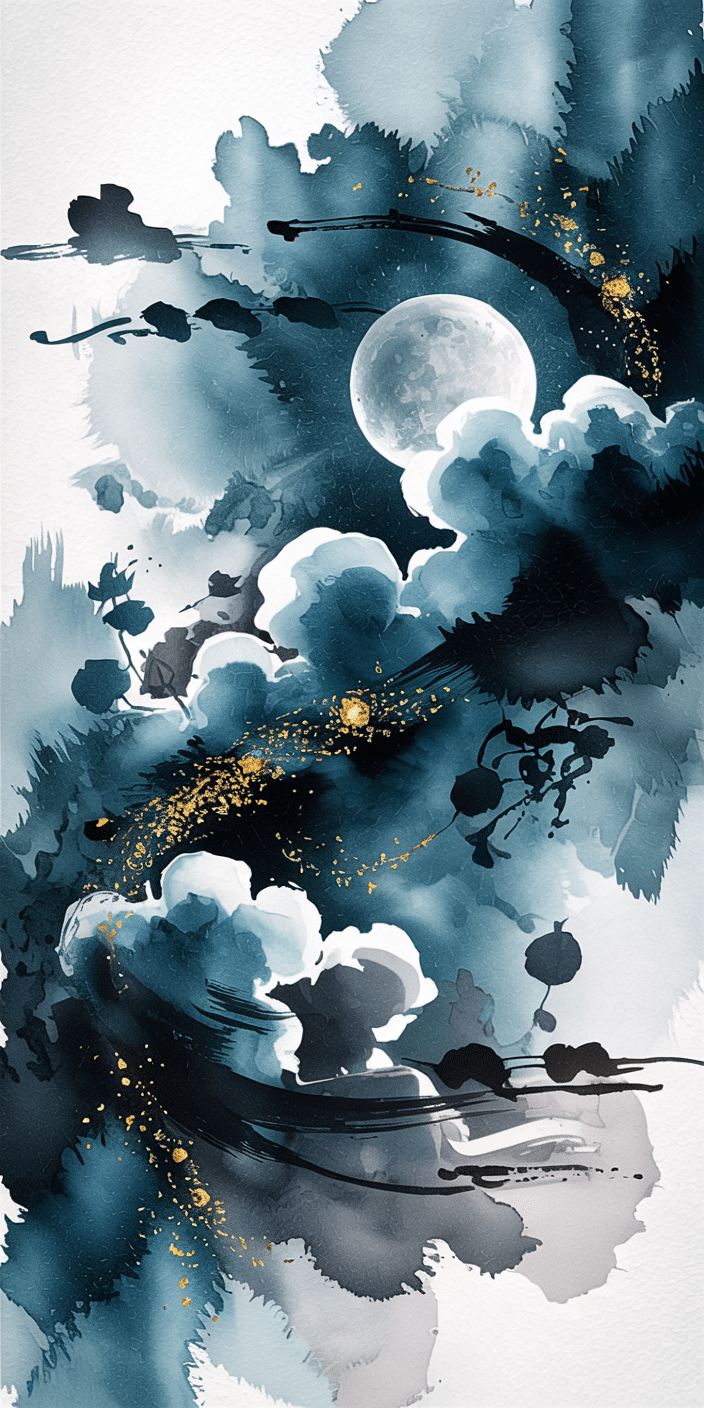 This dreamy moon-themed wallpaper showcases a full moon rising behind inky blue storm clouds painted in an abstract watercolor style. Gold splashes scattered throughout the design evoke a mystical nighttime energy, making it a captivating choice for night sky wallpaper lovers. The soft gradients of navy, black, and silver-blue tones blend seamlessly to create a calming yet dramatic aesthetic, perfect for best iPhone 16 Pro Max wallpapers or Samsung devices. Ideal for those who enjoy nighttime wallpaper iPhone themes with a bold artistic twist.
