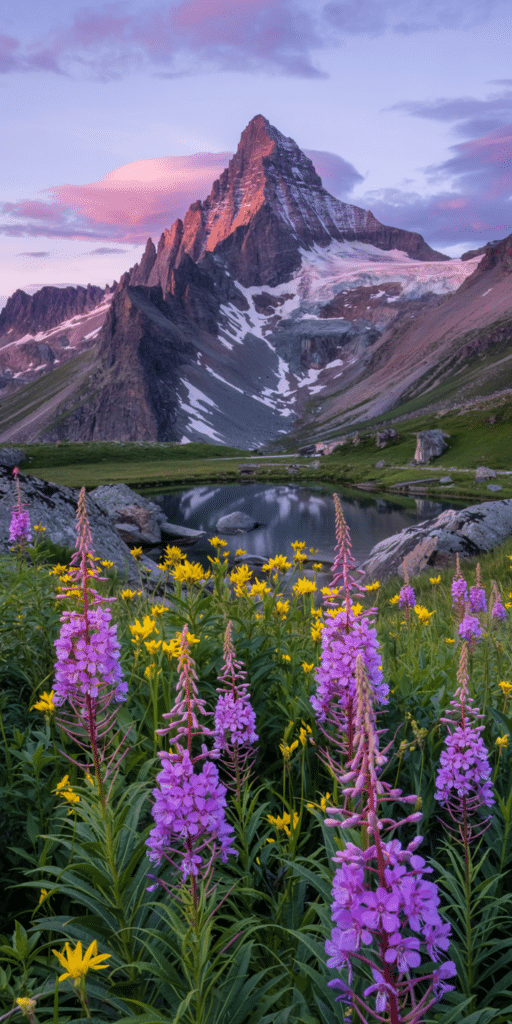 This stunning alpine wallpaper features sharp, snow-dusted peaks bathed in sunset hues, with a tranquil lake and vibrant wildflowers in the foreground. The rich purples, yellows, and greens make this image a standout choice for Nature Wallpaper iPhone users. Ideal for those who love Beautiful Places and peaceful mountain views, it brings natural beauty and calm right to your lock screen.