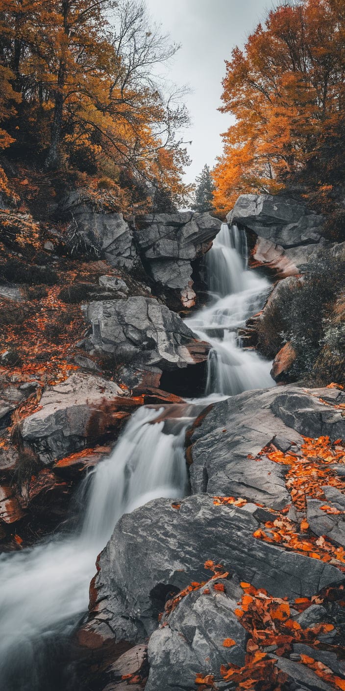 This powerful mountain waterfall tumbles over rugged gray rocks, framed by glowing orange and red foliage. It’s a breathtaking nature scene ideal for anyone searching for Autumn Nature Wallpaper or a tranquil Fall Background for their iPhone. The motion of water and stillness of fall combine into a perfect balance.