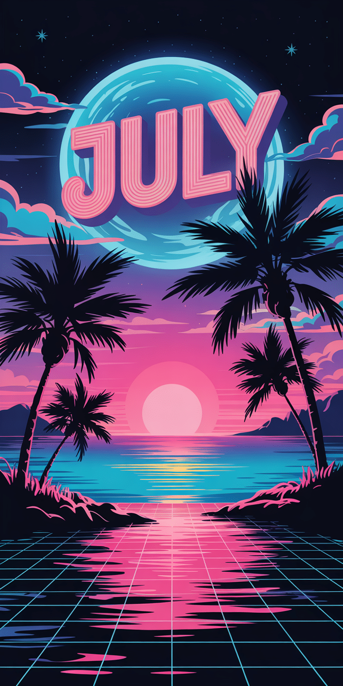 Neon blues and pinks light up a retro-inspired beach scene complete with palm silhouettes and a glowing July moon. This artwork blends a cyber-summer aesthetic with tropical vibes, making it a standout July wallpaper iPhone design. Perfect for anyone wanting an eye-catching, futuristic yet nostalgic July background that radiates personality and fun.