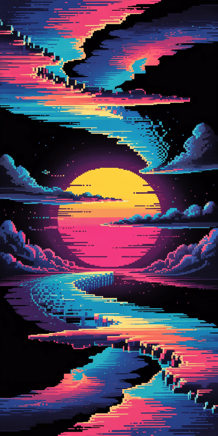 A retro-futuristic wallpaper depicting a blazing neon sunset over reflective waters, painted in electric hues of pink, yellow, teal, and violet. Pixelated clouds drift across the night sky, adding a nostalgic gaming feel. This bold artwork is a top pick for fans of night sky wallpaper and sun space aesthetic, blending classic synthwave style with sky themes. Optimized for both iPhone and Android screens.
