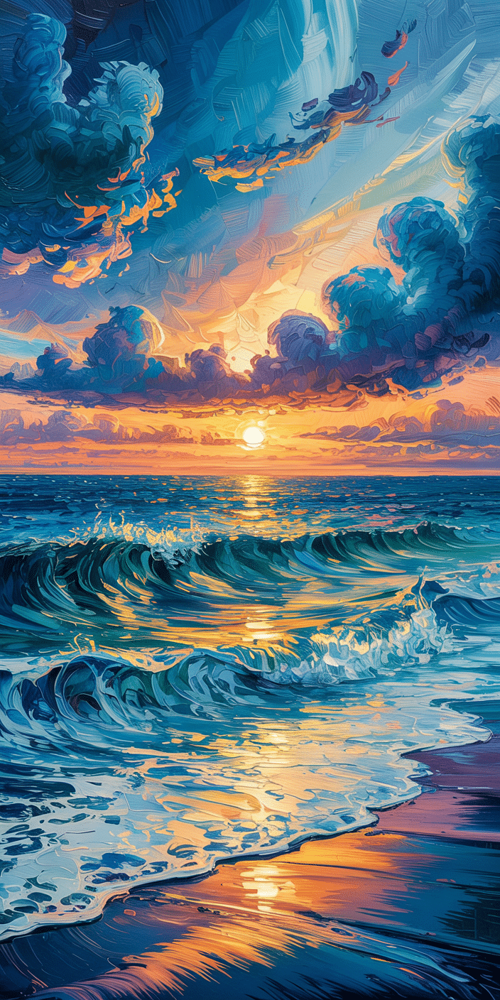 A breathtaking ocean sunset brought to life through rich, expressive brushstrokes and crashing turquoise waves. The fiery golden sun reflects on the shoreline, surrounded by dramatic blue clouds that blend sky and sea. A must-have for lovers of sky wallpaper 4k and sun space aesthetic, this painted seascape transforms your smartphone into a work of art.