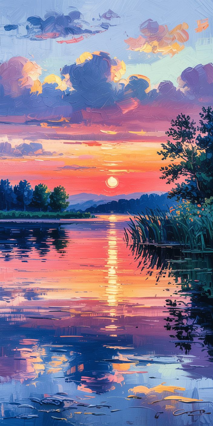 A stunning painted landscape captures the sun dipping behind mountains as it reflects off a lake lined with trees and reeds. The expressive brush strokes and warm tones create a peaceful, reflective July wallpaper iPhone aesthetic. Ideal for users who enjoy soft color palettes and artistic representations of nature during the July aesthetic month.