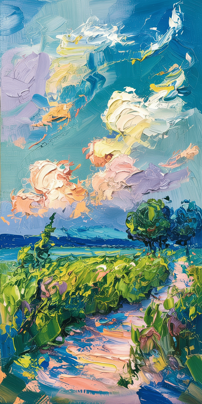 This pastel-toned wallpaper features dreamy impressionistic brushwork of a countryside path beneath candy-colored clouds. Soft greens, blues, and pinks swirl together to form a soothing and joyful scene. Ideal for those who love spring phone wallpaper and sky aesthetic, this artful background turns your phone into a peaceful, painterly escape.