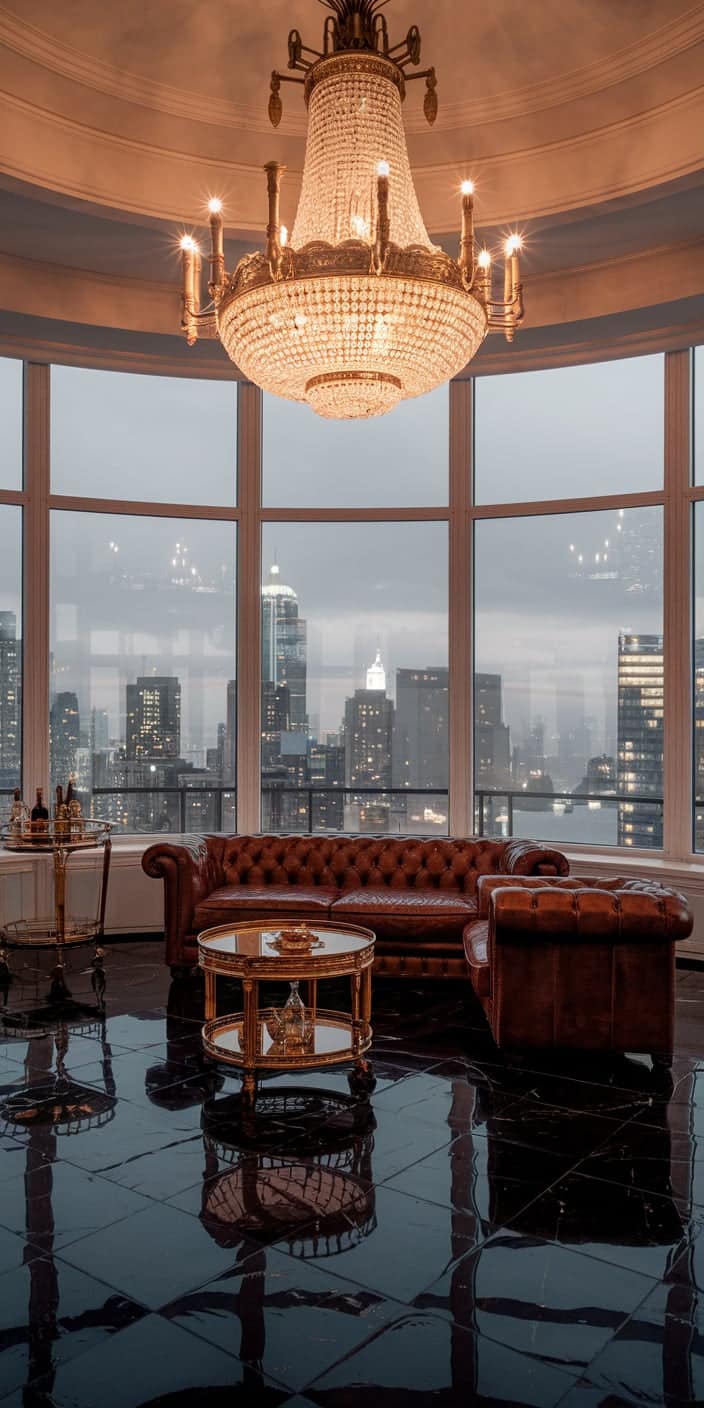 This Old Money Aesthetic wallpaper showcases a luxurious penthouse with a breathtaking city skyline view. A grand crystal chandelier, glossy black marble floors, and a tufted leather sofa create an opulent yet refined ambiance. This Old Money iPhone Wallpaper is perfect for those who appreciate timeless elegance and high-society interiors.