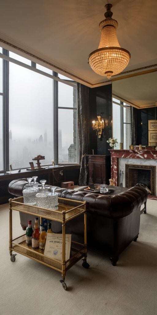 This Old Money Aesthetic wallpaper captures the grandeur of a high-society penthouse. A shimmering crystal chandelier, a luxurious tufted leather sofa, and a vintage bar cart filled with fine spirits set the scene for timeless elegance. The misty skyline beyond the floor-to-ceiling windows adds to the mystique, making this a perfect Old Money iPhone Wallpaper for those who appreciate refined beauty.