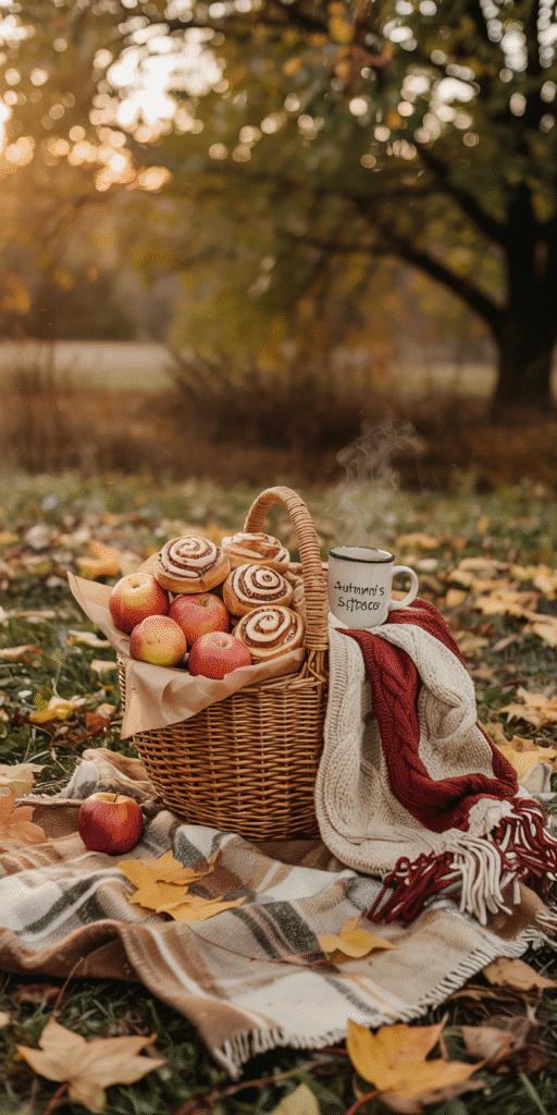 A warm fall picnic scene with a basket of apples and cinnamon rolls, cozy blankets, and a steaming mug labeled “Autumn’s Spice.” The soft golden light and scattered leaves make this perfect for a Cozy Fall Wallpaper iPhone and Fall Neutral Aesthetic. This wallpaper captures the essence of a crisp autumn afternoon and brings a rustic, comforting vibe to iPhones. It’s perfect for those who love seasonal treats and tranquil outdoor settings.