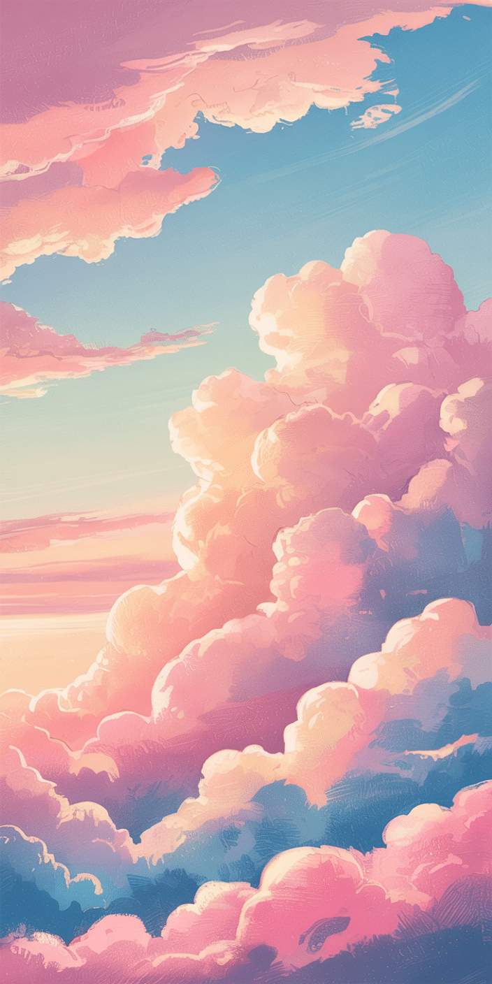 A soft, dreamy wallpaper with towering pink clouds rising into a gentle blue sky, rendered in a textured digital painting style. The pastel hues evoke feelings of calm, wonder, and a touch of fantasy—ideal for fans of clouds and stars and sky aesthetic. This beautiful blend of pink and blue tones makes a charming wallpaper choice for iPhone and Android screens alike.