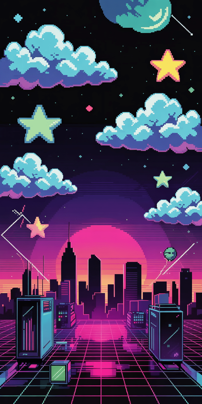 A fun and nostalgic pixel-art wallpaper featuring a neon city skyline, bright pixel stars, and pastel clouds floating in a dark sky. The scene bursts with retro vibes and bold sunset hues, ideal for fans of night sky wallpaper and space phone backgrounds. With its vibrant colors and playful design, this wallpaper is a perfect way to give your iPhone or Samsung a unique, gaming-inspired edge.
