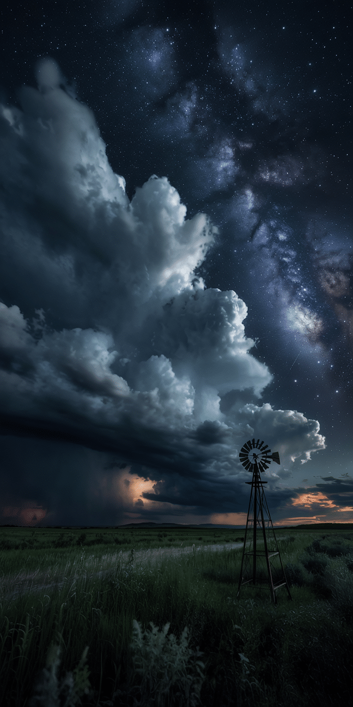 An epic nighttime thunderstorm rolls across a wide-open prairie, while the Milky Way arcs above and a lone windmill stands in silhouette. This stunning wallpaper captures nature’s power and cosmic serenity in one scene. It’s ideal for lovers of clouds and stars and space phone backgrounds.