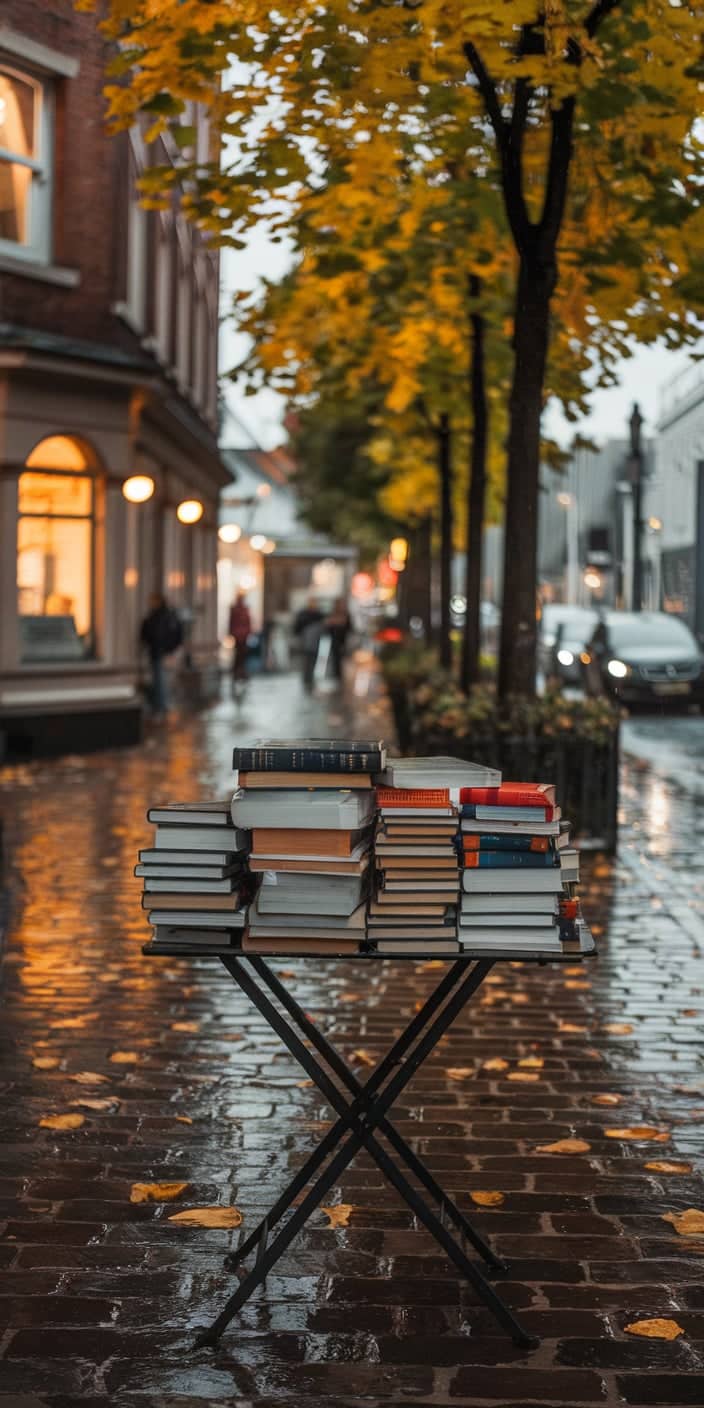 A rain-soaked cobblestone street glows with reflections as a table of stacked books invites passersby under golden autumn trees. The scene is rich with cozy city charm, combining literature, fall weather, and amber tones. Ideal for fans of November Wallpaper Backgrounds or Fall Aesthetic, this wallpaper brings intellectual and seasonal warmth together beautifully.