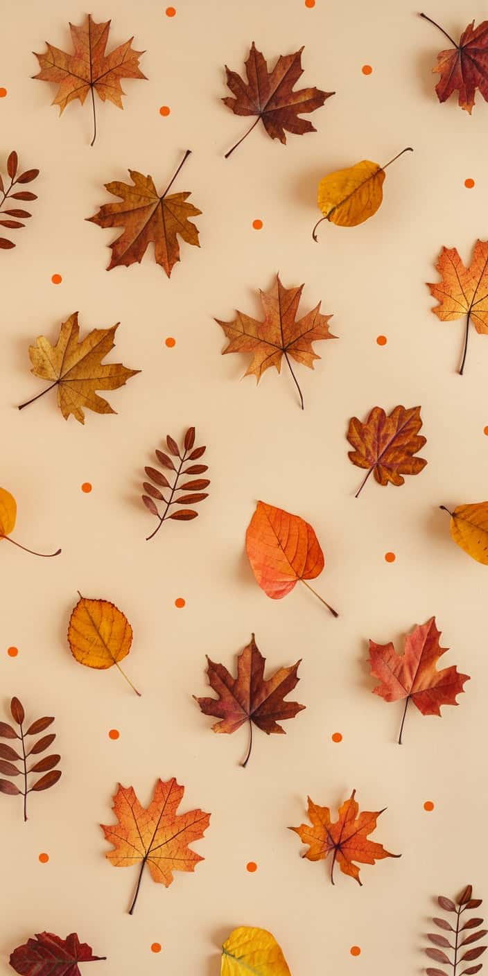 This beautifully arranged flatlay features real autumn leaves in rich shades of orange, red, and gold scattered on a soft beige background with tiny polka dots. Perfect for anyone seeking a natural, artistic Fall Background or Autumn Wallpaper, this wallpaper feels both elegant and playful. It’s a perfect seasonal design for iPhones.