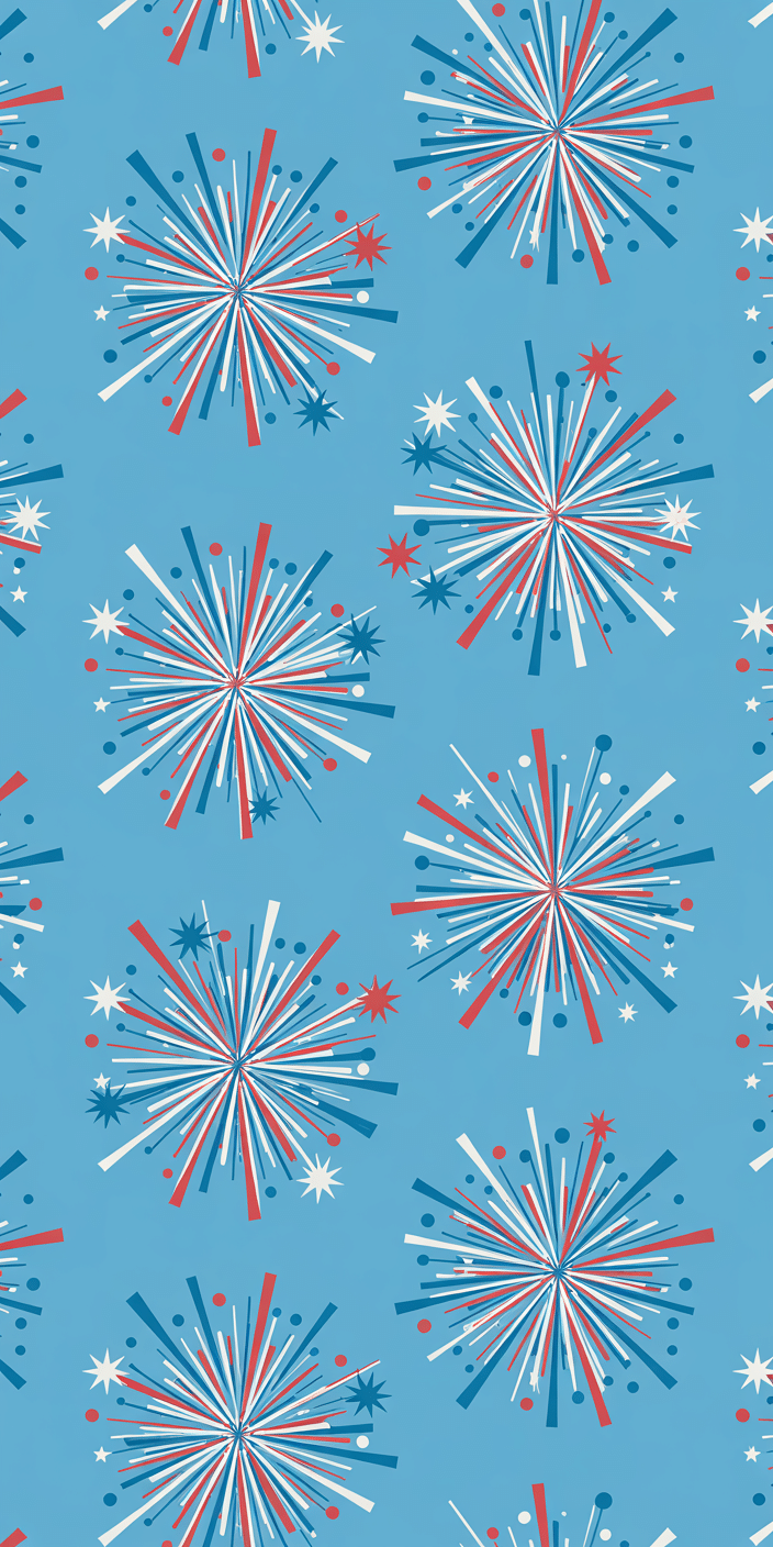 A playful firework pattern bursts across a bright blue background in classic red, white, and blue. This patriotic design is fun and festive, perfect as a 4th of July wallpaper iPhone option for users looking for something light-hearted and colorful. It’s great for fans of clean, cheerful July wallpaper aesthetic styles.