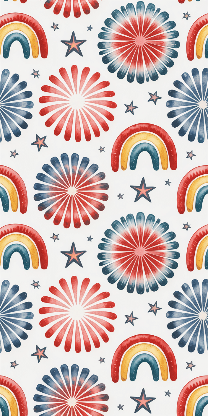 A quirky mix of red, white, and blue fireworks, rainbows, and stars is scattered over a clean white background in this retro-style pattern. It’s playful yet patriotic—perfect for a cheerful Fourth of July wallpaper or a fun, artsy July phone background with a vintage twist.
