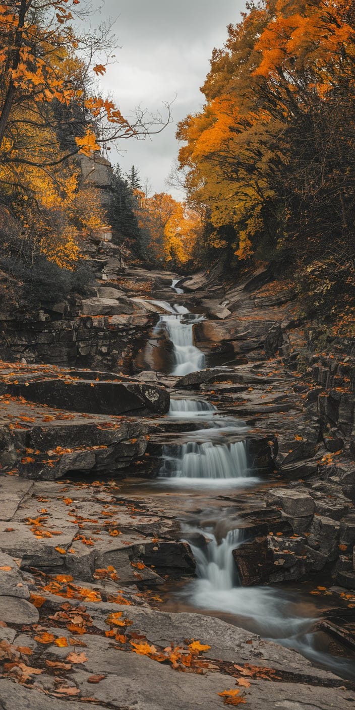 A cascading stream flows gently over rocky steps through a golden forest, with yellow-orange leaves scattered across the stones. This peaceful yet dynamic scene is a top pick for those seeking a soothing Fall Background or vibrant Autumn Wallpaper Hd for their smartphone. Nature lovers will adore the crisp details.
