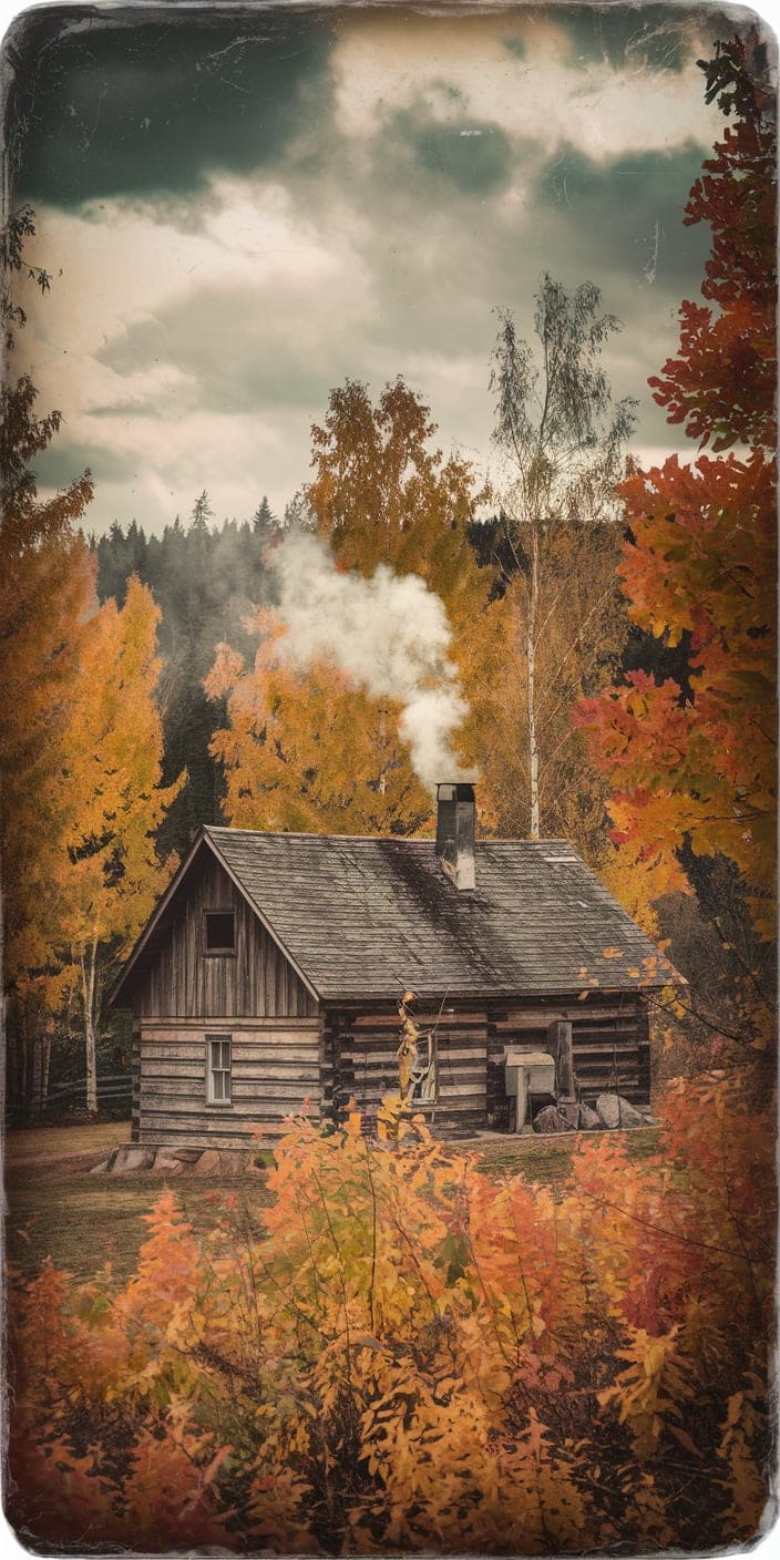 A charming log cabin sits nestled among golden and amber trees, with a soft plume of smoke rising into a cloudy autumn sky. This cozy scene is perfect for anyone searching for Cozy Fall Aesthetic Wallpaper or November Wallpaper Backgrounds. It evokes feelings of warmth, retreat, and seasonal beauty—ideal for iPhone fall customization.