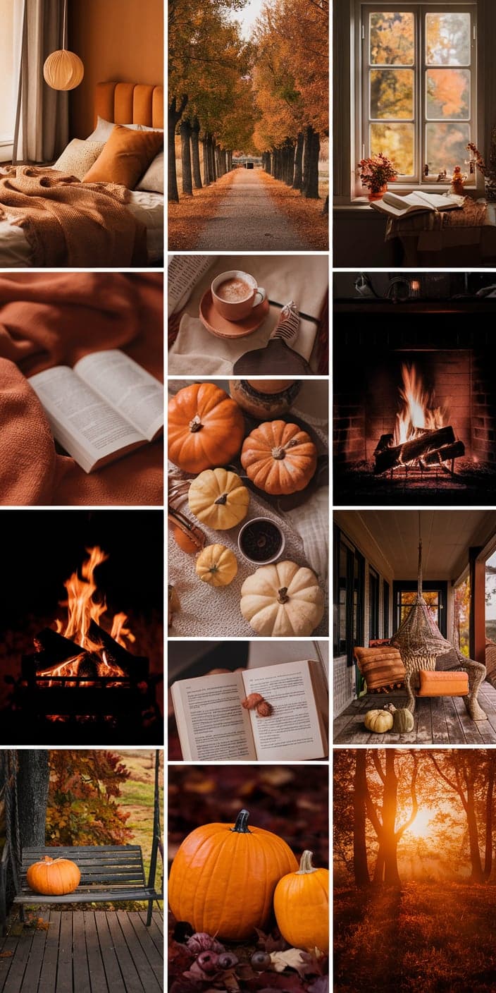A rustic moodboard collage featuring pumpkins, fall bedding, open books, warm drinks, and tree-lined autumn paths. With a palette of burnt orange, pumpkin spice, and creamy whites, this design speaks directly to fans of Fall Aesthetic and November Wallpaper Backgrounds. The inviting porch scenes and flickering fireplace shots make it a cozy favorite for iPhones.