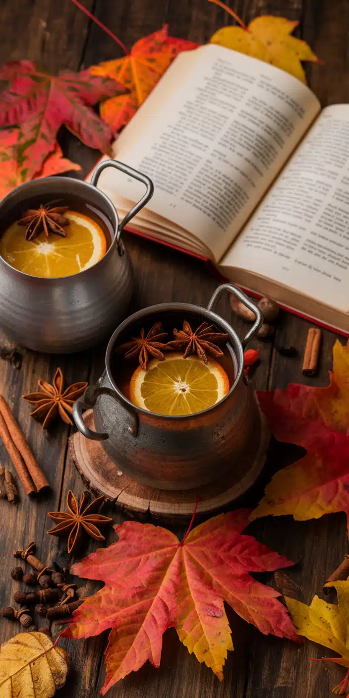 A warm and rustic scene of hot cider in hammered metal mugs, garnished with star anise and orange slices. Autumn leaves and spices are scattered across a rich wooden table, complemented by the open pages of a book. This image delivers peak Cozy Fall Aesthetic Wallpaper and is perfect as a seasonal iPhone background that evokes warmth, stillness, and spice.